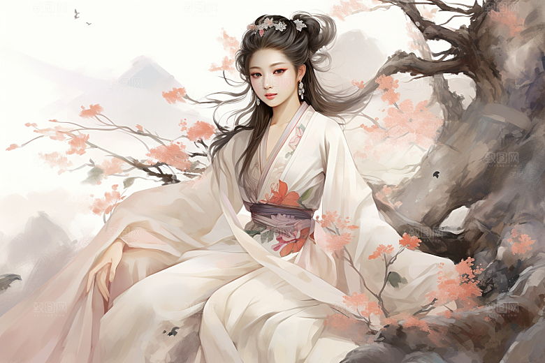 新中式美女手绘唯美插画