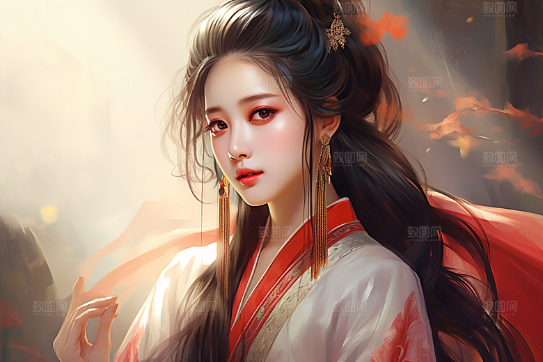 新中式美女艺术手绘插画
