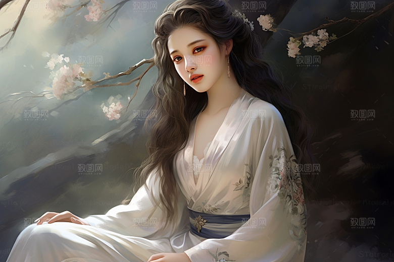 新中式美女艺术高清插画