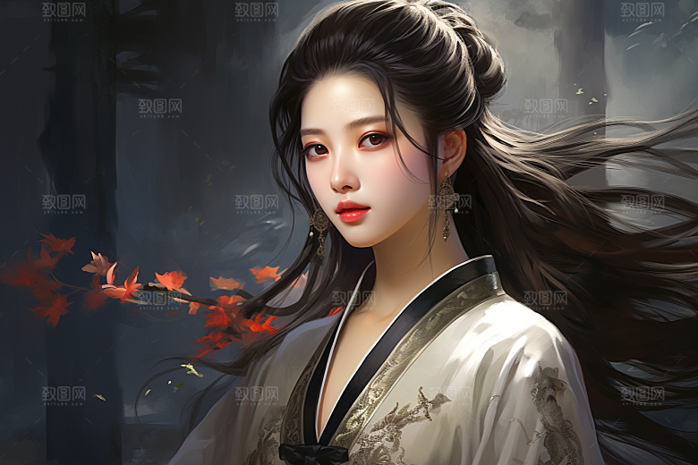 新中式美女水墨中国风插画