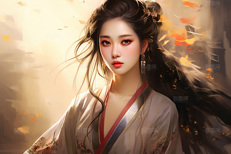 新中式美女中国风水墨插画