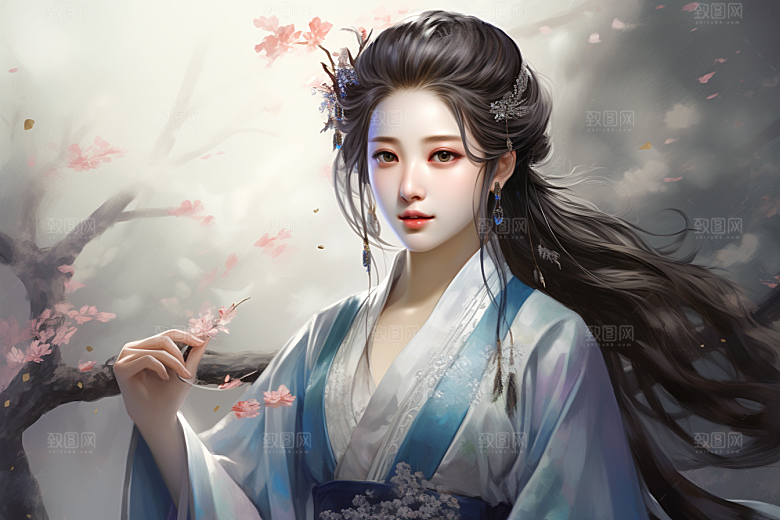 新中式美女水墨唯美插画