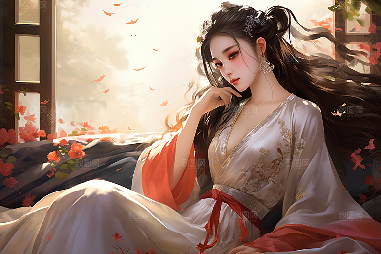 新中式美女文艺水墨插画