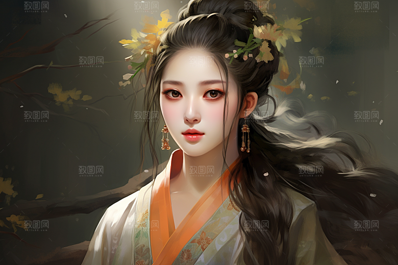 新中式美女艺术水墨插画