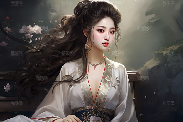 新中式美女温婉手绘插画
