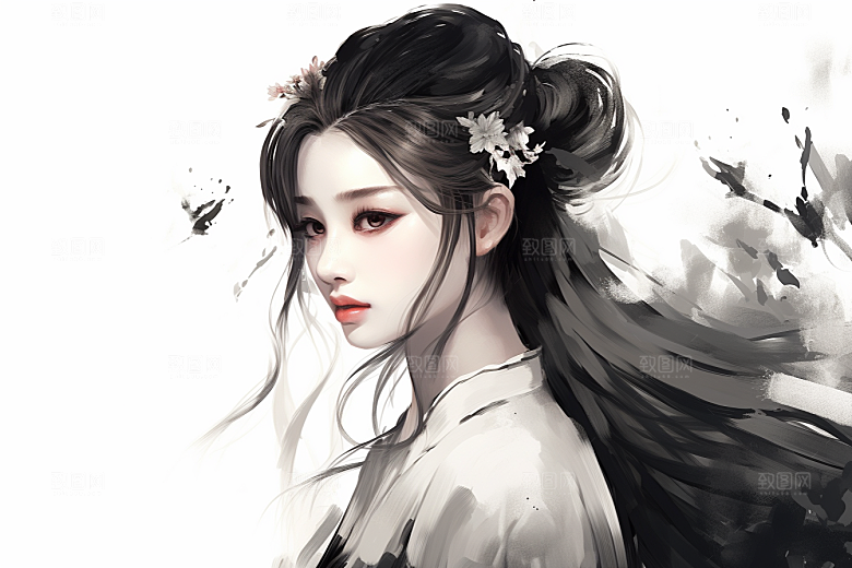 新中式美女温婉水墨插画