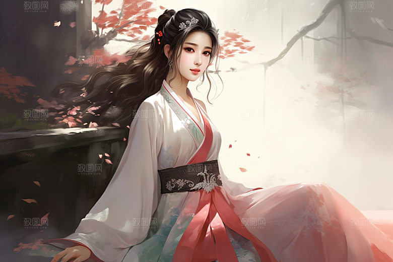 新中式美女文艺水墨插画