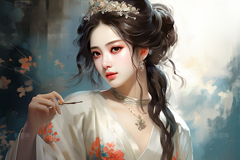 新中式美女艺术手绘插画