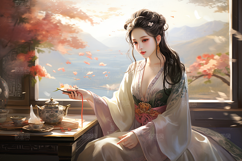 新中式美女中国风艺术插画