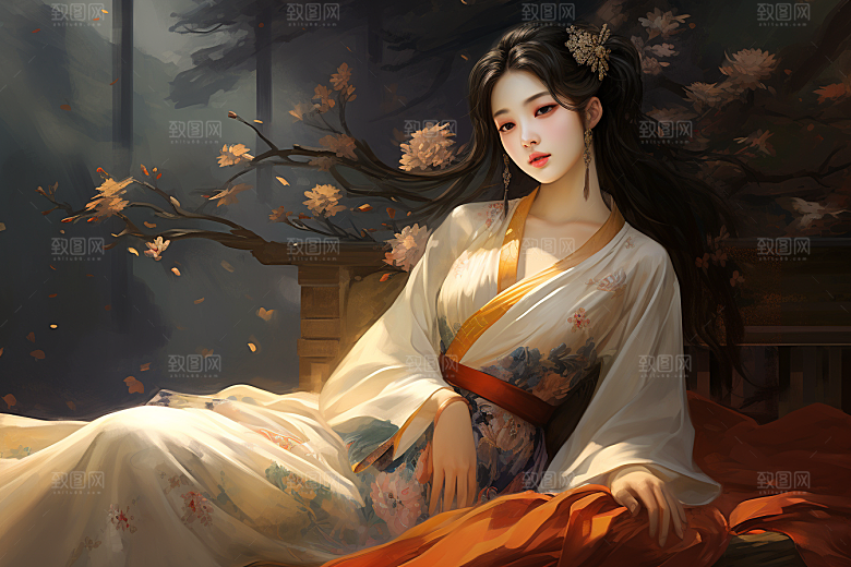 新中式美女手绘唯美插画