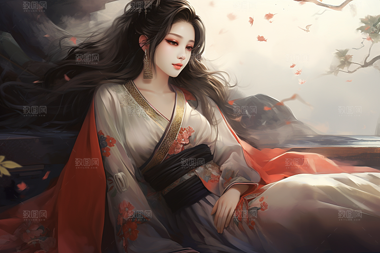 新中式美女高清手绘插画