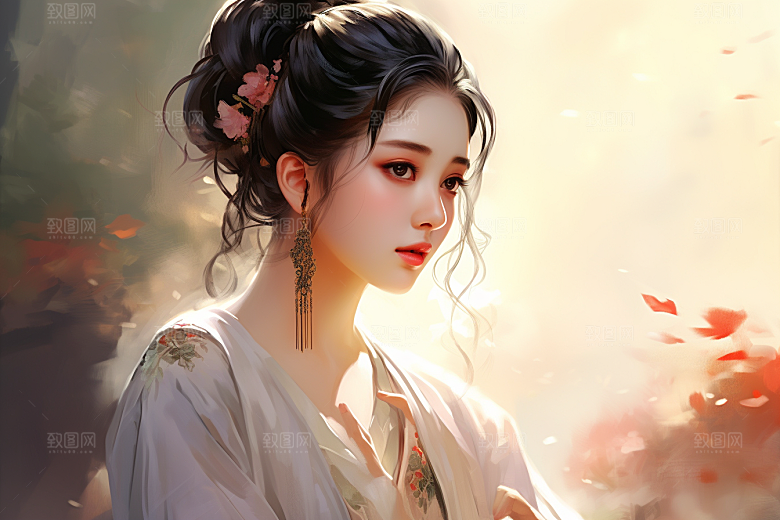 新中式美女温婉高清插画