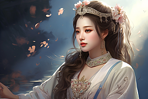 新中式美女手绘艺术插画