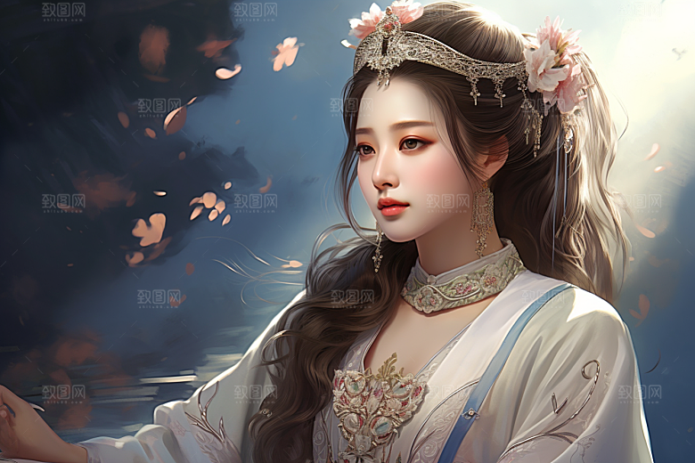 新中式美女手绘艺术插画