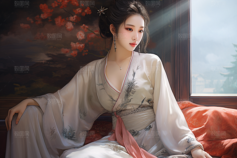 新中式美女艺术水墨插画