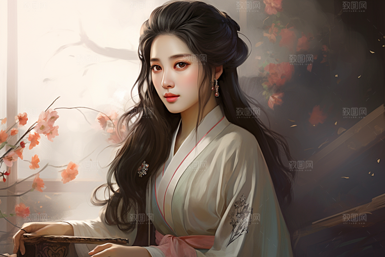 新中式美女手绘中国风插画