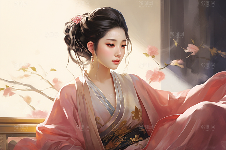 新中式美女唯美文艺插画