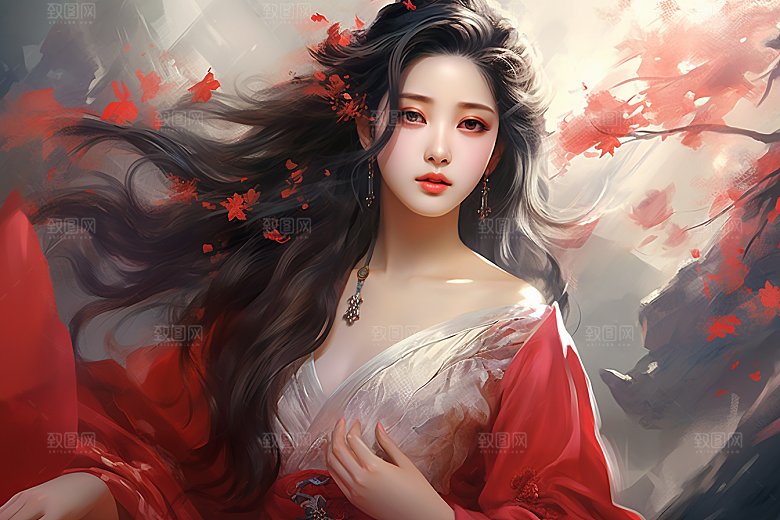新中式美女手绘艺术插画