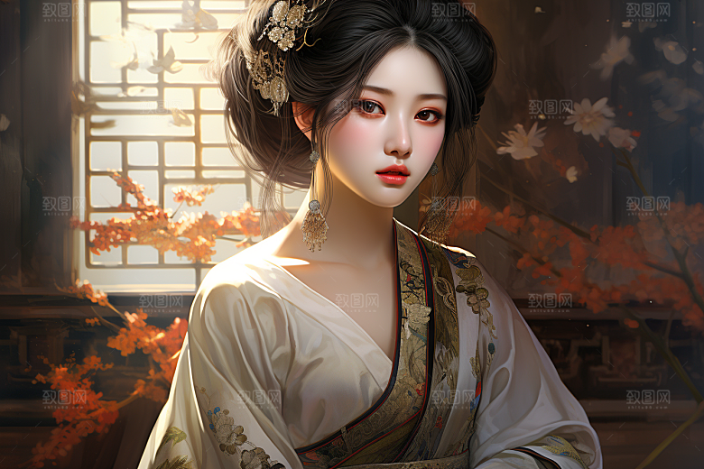 新中式美女手绘高清插画