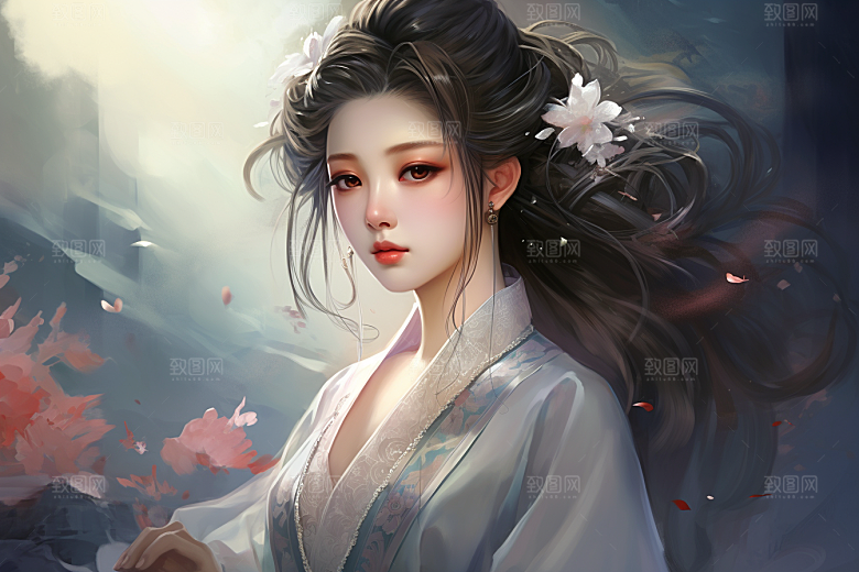 新中式美女水墨温婉插画