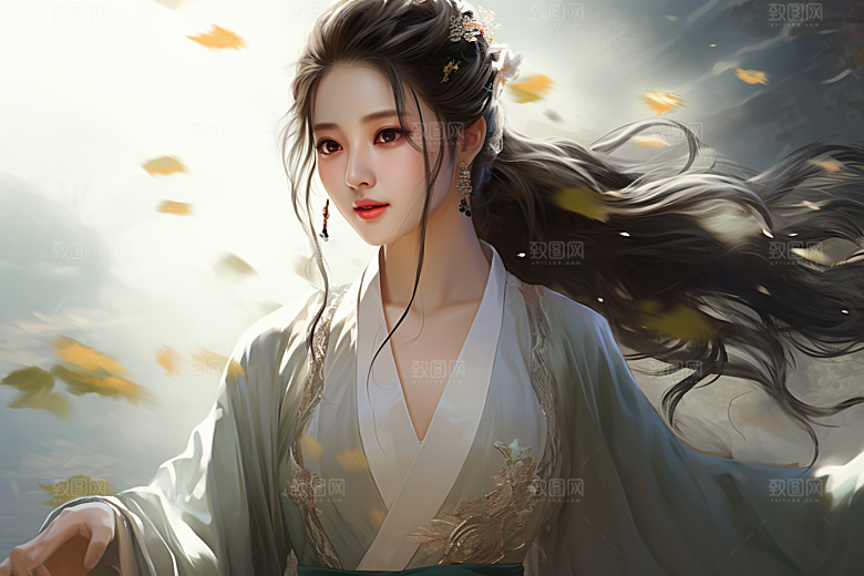 新中式美女手绘艺术插画