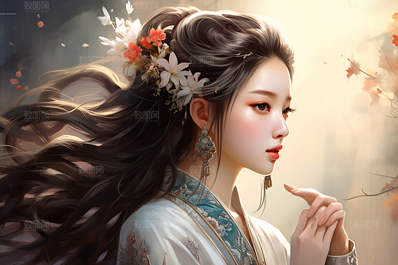 新中式美女水墨中国风插画