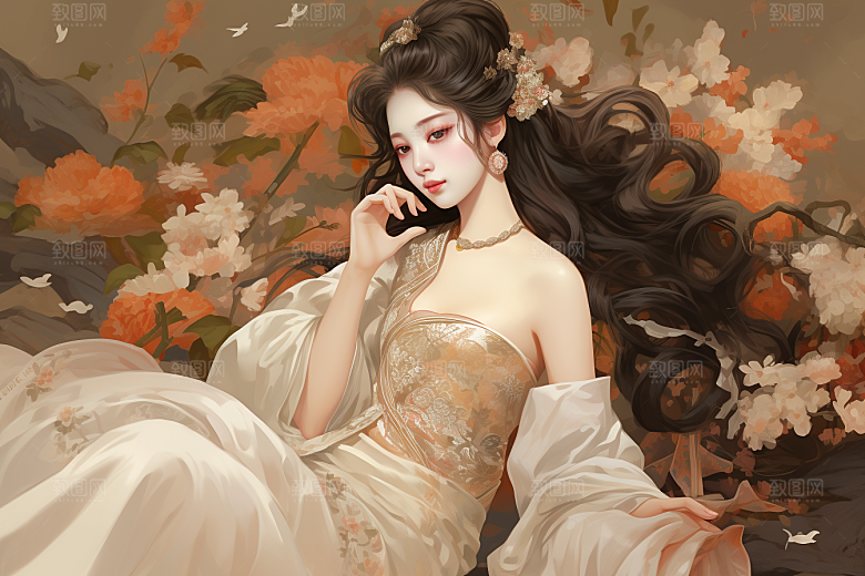 新中式美女手绘高清插画