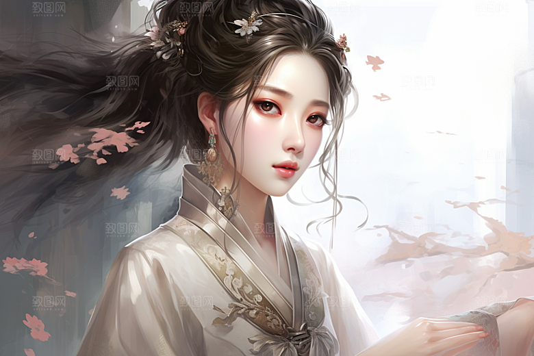 新中式美女温婉水墨插画