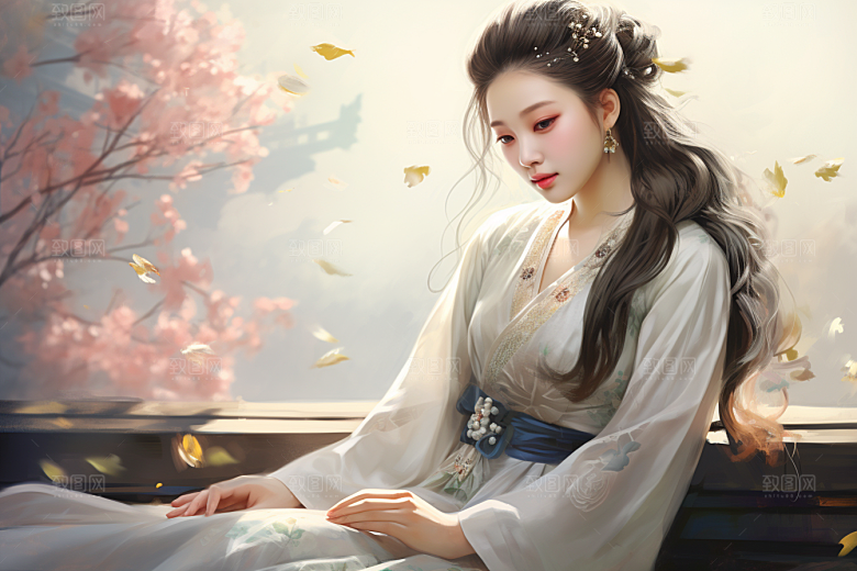 新中式美女水墨手绘插画