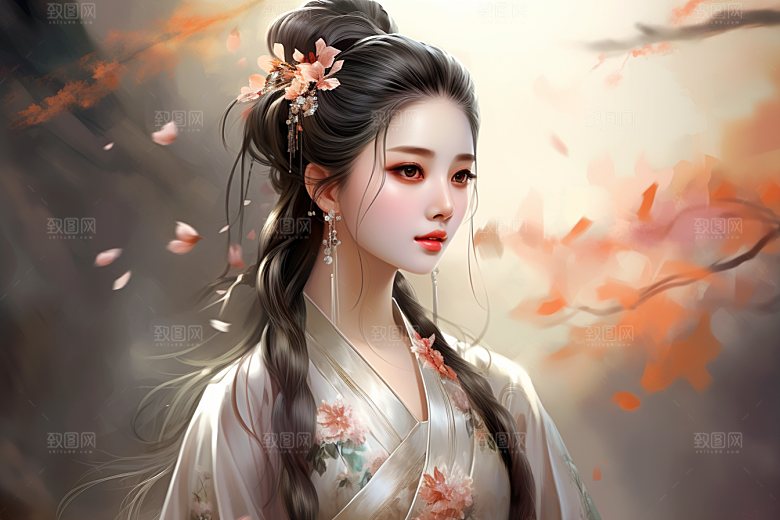 新中式美女手绘艺术插画