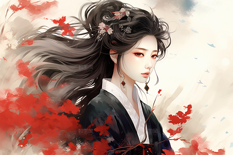 新中式美女文艺艺术插画