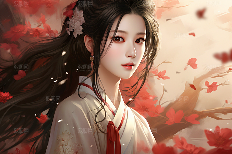 新中式美女手绘温婉插画