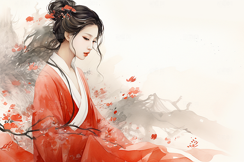 新中式美女唯美手绘插画