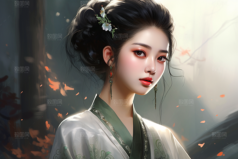 新中式美女手绘唯美插画