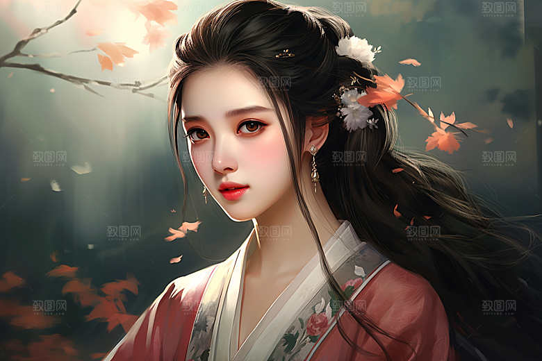 新中式美女手绘高清插画