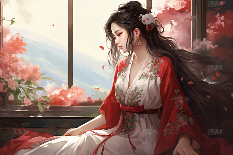 新中式美女手绘艺术插画