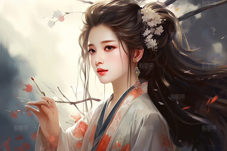 新中式美女手绘中国风插画