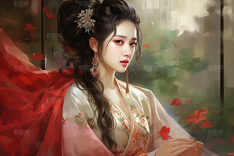 新中式美女高清手绘插画