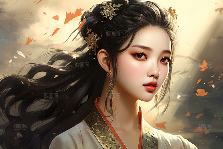 新中式美女艺术水墨插画