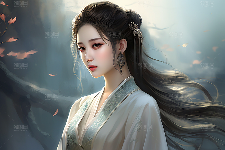 新中式美女手绘温婉插画
