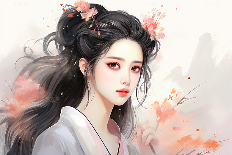 新中式美女温婉水墨插画