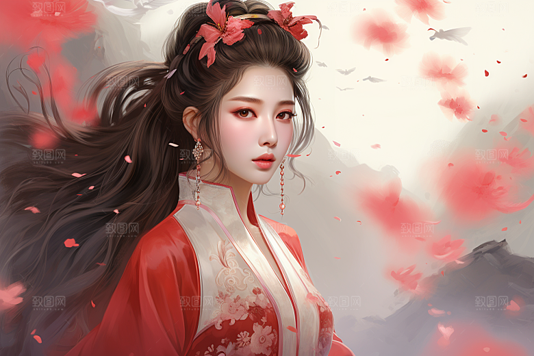 新中式美女高清手绘插画