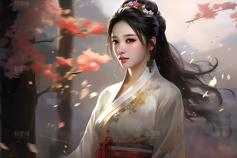 新中式美女水墨中国风插画