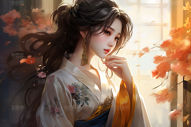 新中式美女手绘中国风插画
