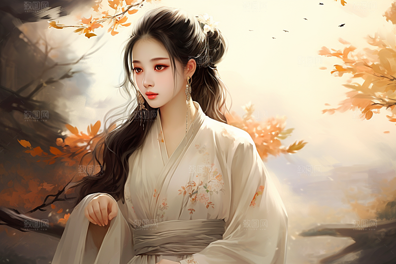 新中式美女水墨手绘插画