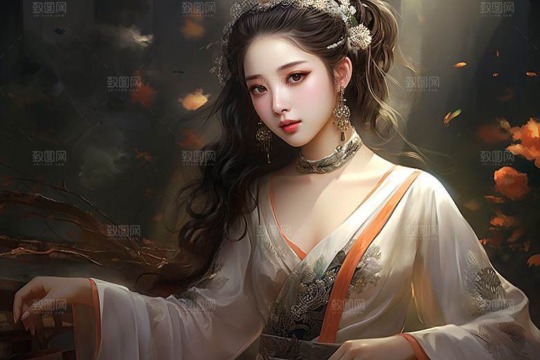 新中式美女中国风水墨插画