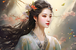 新中式美女水墨唯美插画