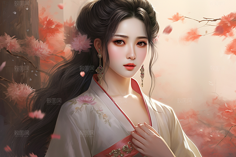 新中式美女水墨手绘插画