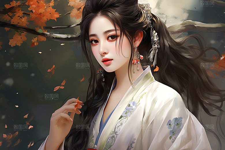 新中式美女中国风水墨插画