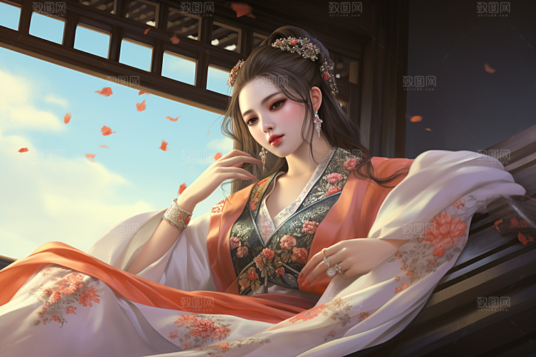 新中式美女唯美水墨插画